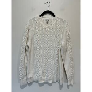 L.L. Bean White Cotton Cable Knit Crew Neck Sweater size L